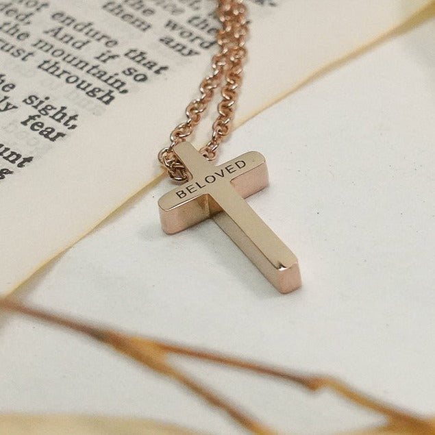 153 Stainless Steel plated hot gold Cross Pendant with Loved engrave on back