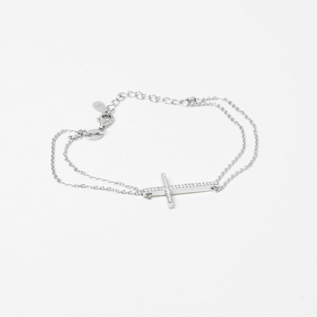 CZ Single Cross - Sterling Silver Chain Bracelet