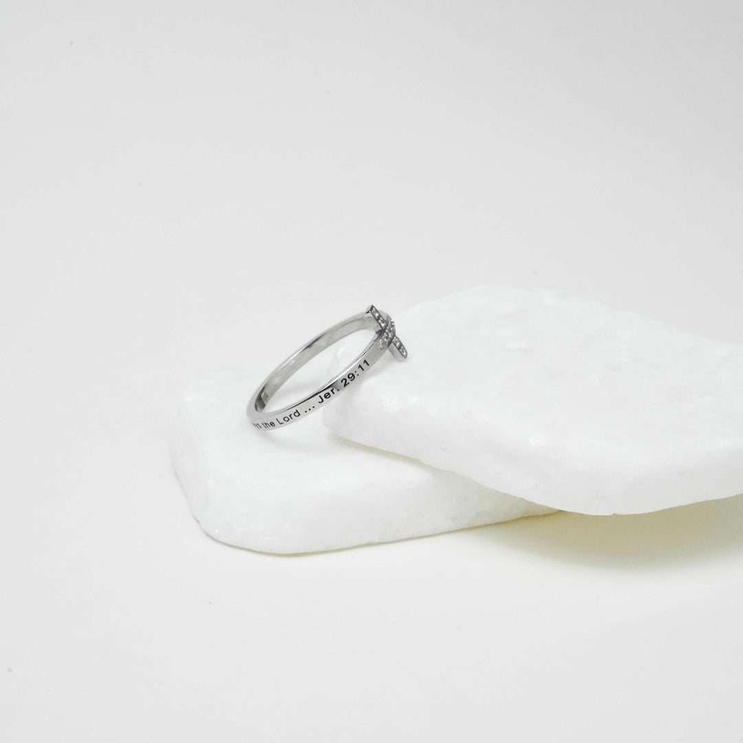 I Know The Plans CZ Cross- Thin Silver Ring