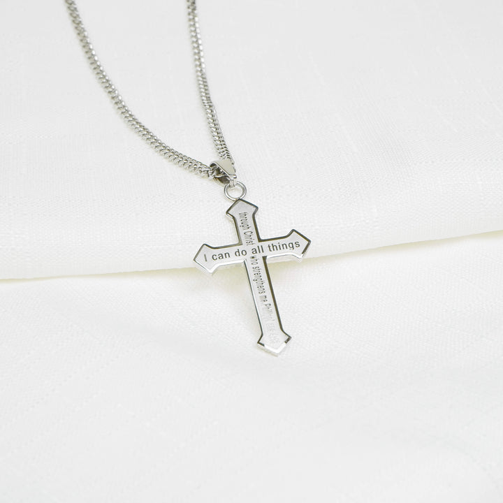 I Can Do All Things - Silver Etched Cross Necklace