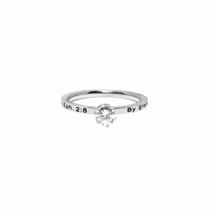 Silver Raised Solitaire CZ BY GRACE YOU HAVE BEEN SAVED Ring