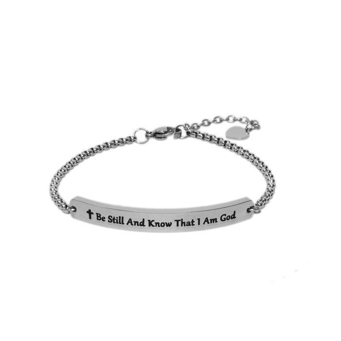 Silver BE STILL AND KNOW Chain Bar Bracelet
