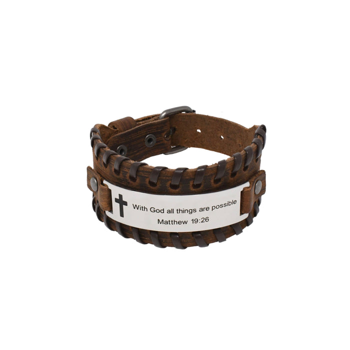 Brown Leather WITH GOD ALL THINGS Bracelet